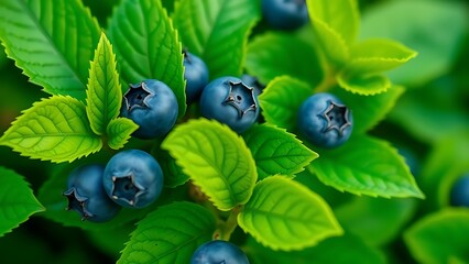 Close-up of vibrant green blueberry leaves with a soft natural background.