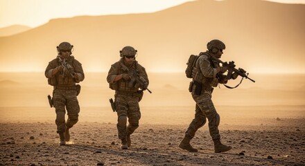Three male soldiers in camouflage uniform with rifles walking through a desert landscape at sunrise, special operation concept for military themes.