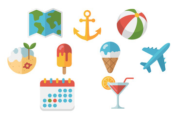 A collection of flat design summer vacation icons on a white background in a vector style