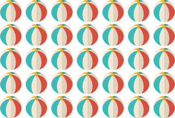 Pattern of beach balls with red and blue stripes on a white background arranged in rows and columns