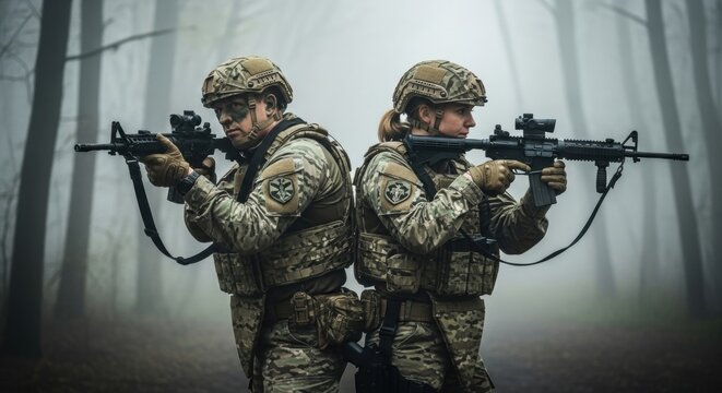 Man and woman soldiers armed with assault rifles in camouflage uniform. Military special operation and army concept. - Powered by Adobe
