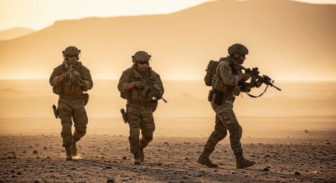 Three male soldiers in camouflage uniform with rifles walking through a desert landscape at sunrise, special operation concept for military themes.