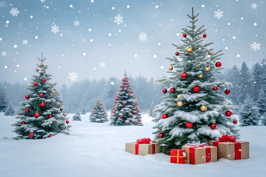 AI-Generated Snowy Christmas Forest Scene with Decorated Trees and Wrapped Gifts - Powered by Adobe