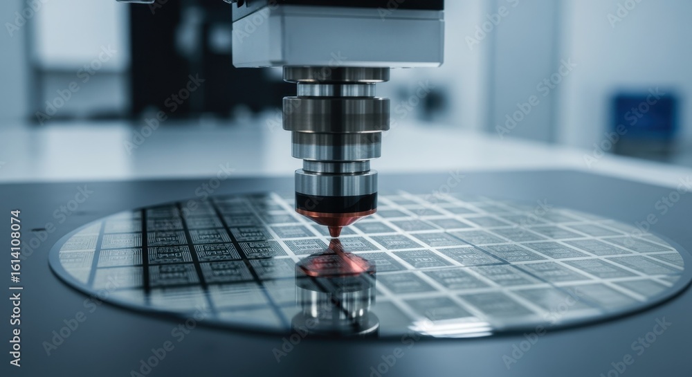 Poster macro shot of circuit patterns being etched onto silicon wafers by precision instruments.