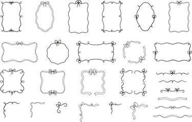 Black vintage bows curly frame vector set, wavy ribbons border, line art for greeting card, wedding invitation design