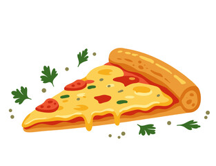 Slice of cheese pizza with toppings and fresh herbs on transparent background