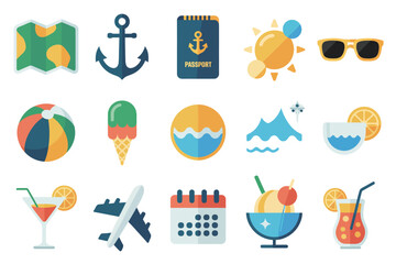 Collection of summer vacation themed icons including drinks travel and beach elements flat design style