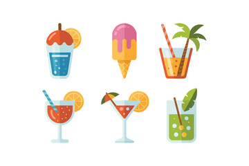 An illustration of summer drinks and an ice cream cone on a white background flat design style
