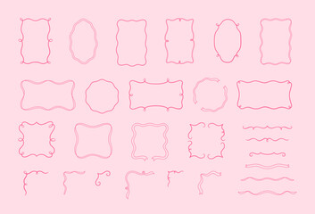 Pink vintage outline frames vector set, wavy ribbon border coquette line art for greeting invitation romantic design