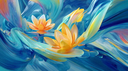 Colorful abstract painting of water lilies floating on a tranquil pond, serene atmosphere
