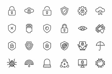 A secure and high-tech set of line icons representing cybersecurity protocols and data protection in server environments. Perfect for IT firms, fintech dashboards, and compliance visuals