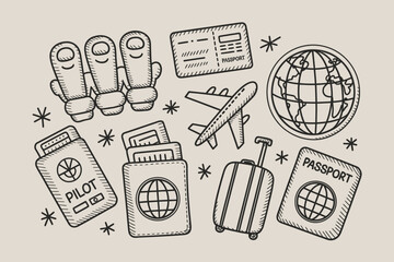 Illustrated travel icons featuring passports, airplane, globe, and luggage on a light background