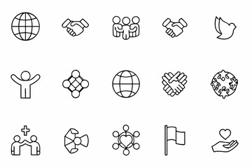 A symbolic icon set emphasizing international collaboration, cultural exchange, and unity. Useful for NGOs, global brands, peace initiatives, and education platforms.