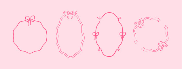 Pink vintage bows oval frame, wavy ribbons border, coquette line art, vector decoration outline designs set