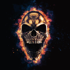 Screaming dark skull with glowing embers and flames - jaws wide open