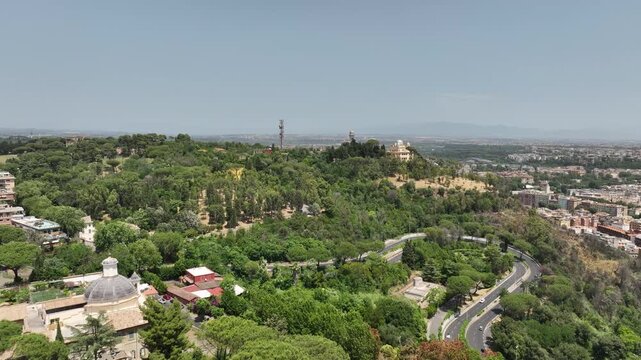 Elevated Drone View of Janiculum Hill and Rome Observatory Surrounded by Forest