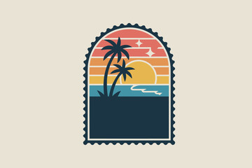 Illustration of a tropical beach scene with palm trees and a sunset in a stamp frame