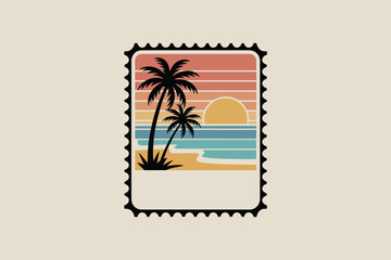A retro style stamp featuring palm trees beach and sunset in a square with a jagged border