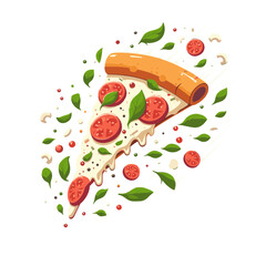 Colorful pizza slice topped with tomatoes and basil leaves on transparent background  