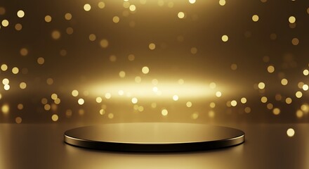 Elegant dark circular podium with a glowing golden bokeh background for product display