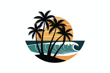 Illustration of palm trees on a beach with a wave and a sunset in a circular design