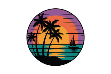 A circular graphic illustration of a beach scene with palm trees and a sailboat at sunset