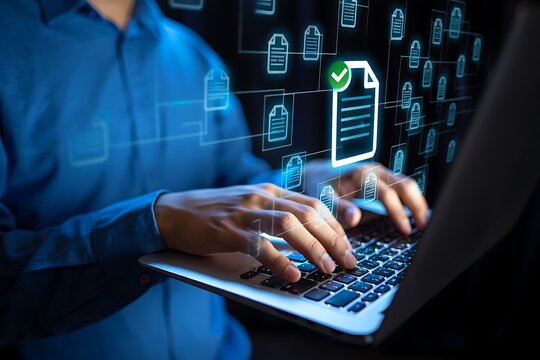 Close up of a person s hands typing on a laptop with a digital interface displaying documents and a checkmark representing data management and online verification
