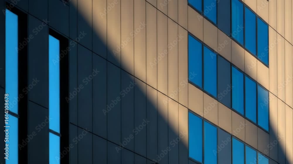 Poster modern building facade with geometric patterns of windows and a dramatic diagonal shadow cast by the