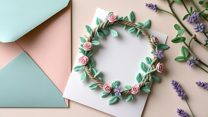 Charming Craft Flat Lay Featuring a Rope Wreath with Lavender Flowers and a Mint Green Envelope