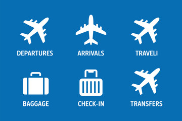 Airport signs featuring planes and luggage on a blue background indicating travel services info