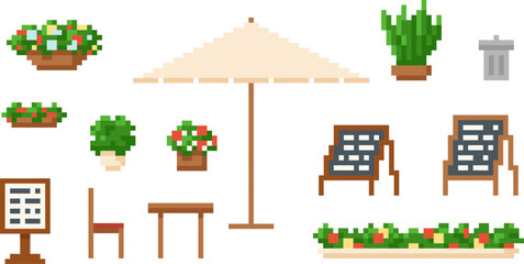 Restaurant or Cafe interior accessory and furniture pixel art vector icon, menu board, potted plant, trash can, umbrella