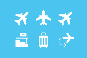 White airplane icons and luggage on a light blue background representing travel and transportation