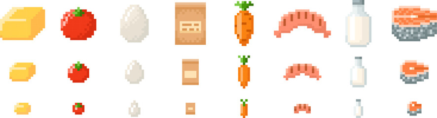 Pixel food icon set in three sizes. Retro style 8-bit game interface.