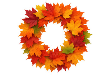Vibrant maple leaves in autumn colors create a beautiful circular wreath, perfect for fall-themed designs, on a transparent background