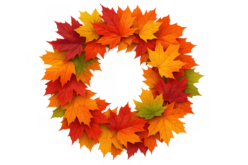 Vibrant maple leaves in autumn colors create a beautiful circular wreath, perfect for fall-themed designs, on a transparent background