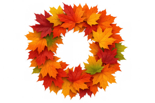 Vibrant maple leaves in autumn colors create a beautiful circular wreath, perfect for fall-themed designs, on a transparent background