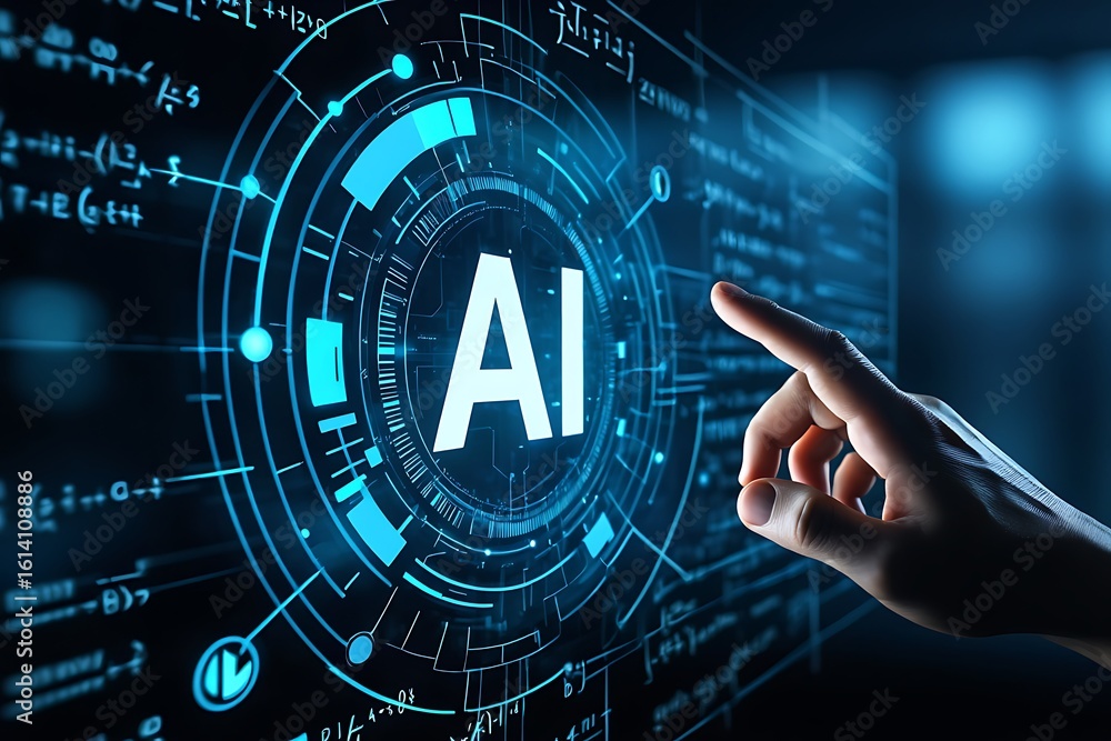 Poster human finger touching a glowing blue digital interface with the letters ai prominently displayed in 