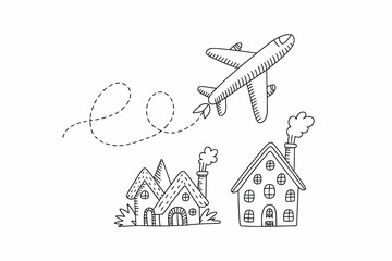 A simple line drawing of an airplane flying over houses with a dotted path on a white background