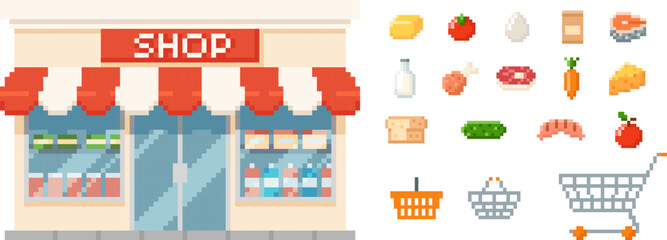 Shop and supermarket building, food products, shopping cart and basket pixel art vector icons set, 8 bit food assortment