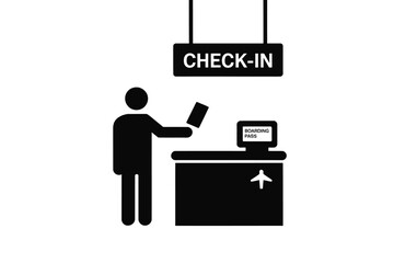 A black and white illustration of a person checking in at an airport check in counter sign