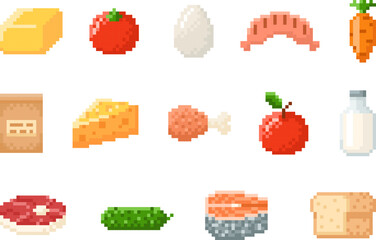 Meat, seafood, fruits and vegetables, eggs, milk and bakery food pixel art vector icons set, 8 bit video game farm food