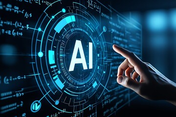 Human finger touching a glowing blue digital interface with the letters ai prominently displayed in the center representing artificial intelligence and future technology