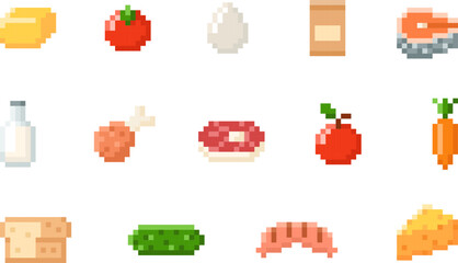 Food pixel set. Vector 8-bit supermarket product illustrations on isolated background.