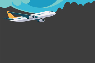 A white and blue airplane flying in the sky with clouds and dark mountains in the background view image