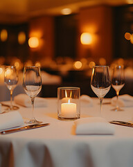 A lit candle on a table setting in a dimly lit restaurant.
