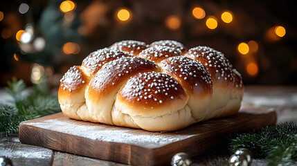 A loaf of braided bread with sesame seeds on a wooden cutting board.