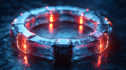 A metallic ring with glowing red and blue lights on a dark surface.