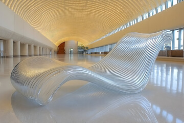 A modern, white, sculpted chaise lounge in a large, bright interior space.