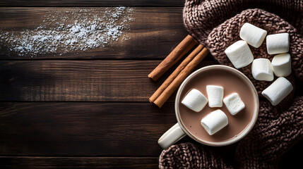 A mug of hot chocolate with marshmallows and cinnamon sticks on a wooden table.