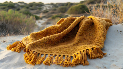 A mustard yellow knitted throw blanket with tassels lies on a sandy beach.